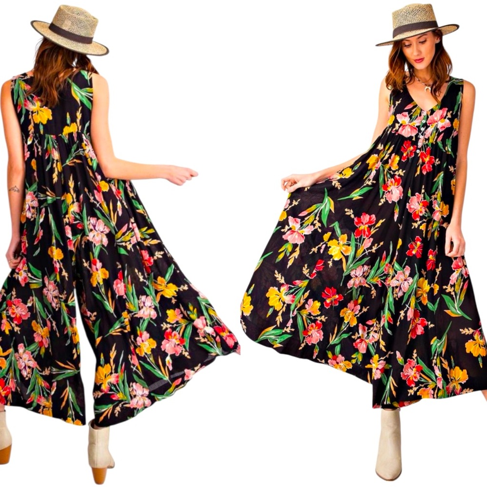 J. Roberts Super Wide Leg Floral Tropical Sleeveless Jumpsuit Black Button Med